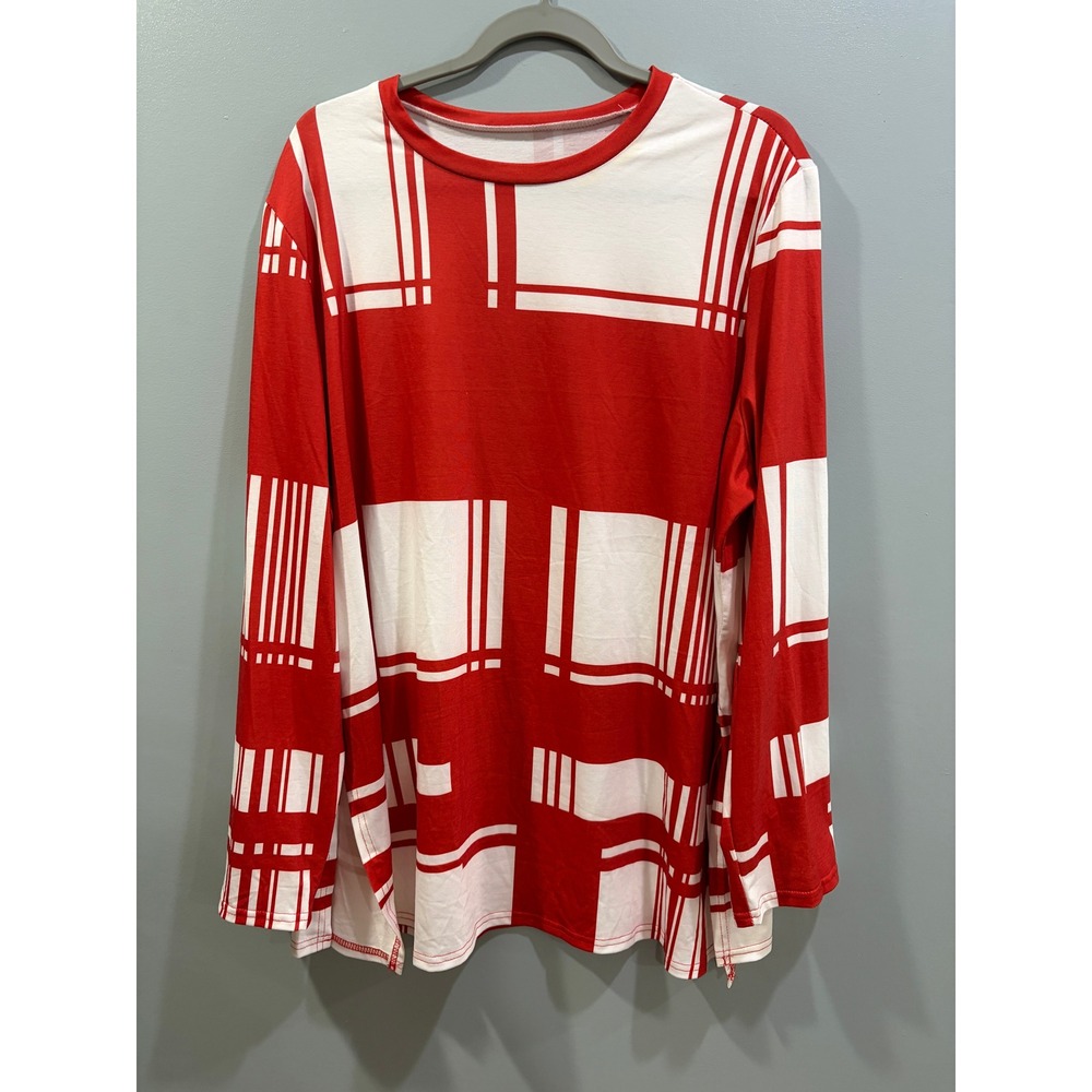 Womens Red White Geometric Grid Block Print Long Sleeve Crew Neck Top